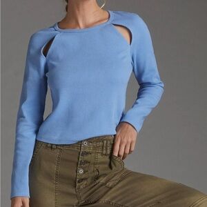 By Anthropologie Long Sleeve Ribbed Cutout Cotton Top Shirt Blue Small